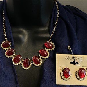 Studios Faux Red Sparkle Stone Gold Tone Necklace w/ New Matching Stud Earrings